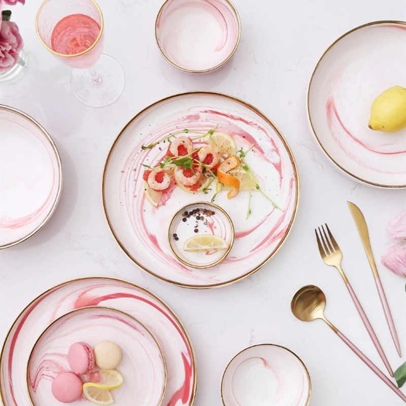 

Pink Phnom Penh Ceramic Tableware Steak Snack Plate Dishes and Plates Sets Nordic Home Restaurant Supplies Marble Salad Bowl
