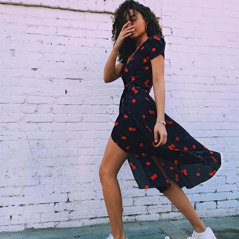 Mooie Zomer Vintage Sexy Diepe V-hals Boho Party Dress Wrap Cherry Bloemenprint Maxi Jurken Strand Mooie Zomer Vintage Sexy Diepe V-hals Boho Party Dress Wrap Cherry Bloemenprint Maxi Jurken Strand