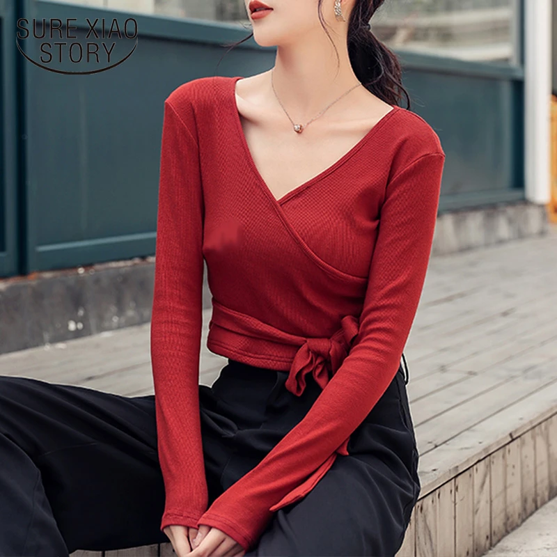 Blusas manga larga para mujer, Camisa lisa con cuello en V, parte inferior lazo rojo, color negro, 2021 50, novedad de primavera 8204|Blusas y camisas| - AliExpress