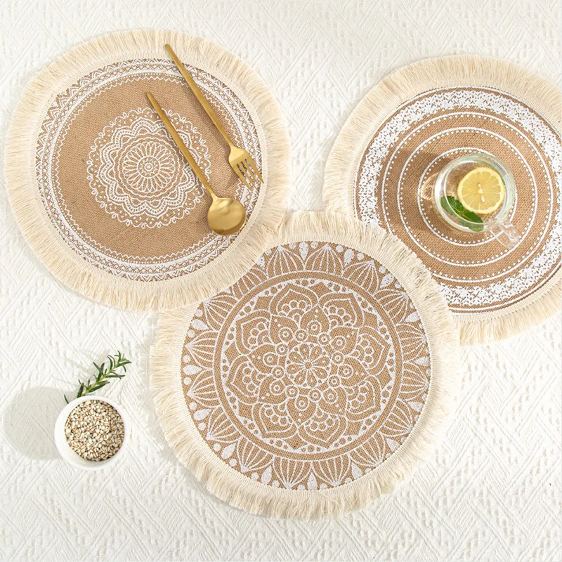 

Coffee Cup Mats Woven Placemats Printed Jute Placemats Tassel Placemat Vase Cushions Furniture Decoration Heat Insulation