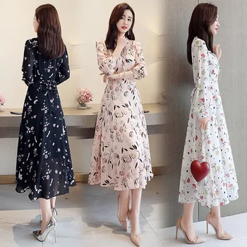 

220 early autumn new medium length small Flower Chiffon dress elegant big over Knee