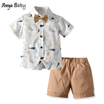 

Amya Baby 2020 Summer Toddler Boys Clothing Set Blouse Short Pants Tie 3pcs Beach Holiday Boy Outfits Birthday Children Clothing