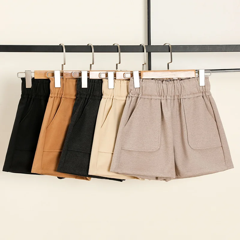 

Elastic High Waist Women Shorts Pocket Loose Casual Elastic High Waist Cutton Black Harem OL Style Autumn 2020