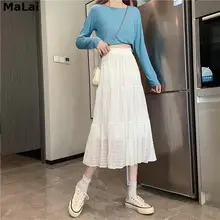 Aliexpress - Women’s Skirt Folds Preppy Style Solid Color High Waist Elastic Long Cupcake Skirts Elegant A-line Korean 2021 Spring Lace