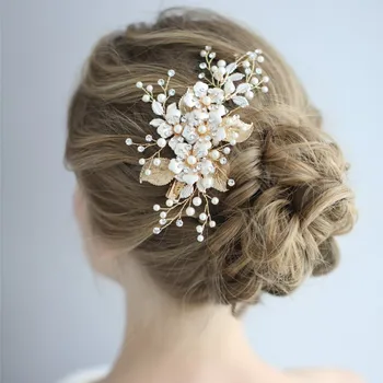 

NPASON Latest Design Gold Leaves Floral Bridal Decoration Hair Jewelry Pearl Handmade Bridal Hair Accessories Wedding Clips