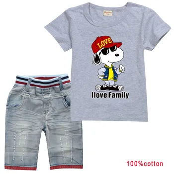 

Snoopy cartoon kids summer short-sleeved cotton T-shirt + jeans set