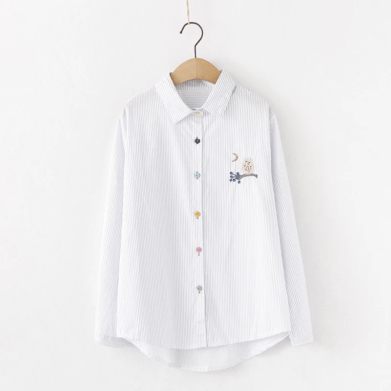 Новое поступление, хлопковая белая рубашка в полоску с отложным воротником и вышивкой в виде совы Милая Повседневная розовая блузка на пуговицах Feminina Blusa T9O503F - Цвет: blue