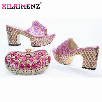 

New Comming Novelty in Pink Color with Platform African Lady Shoes and Bag to Math High Heelsl with Shinning Crystal for Party