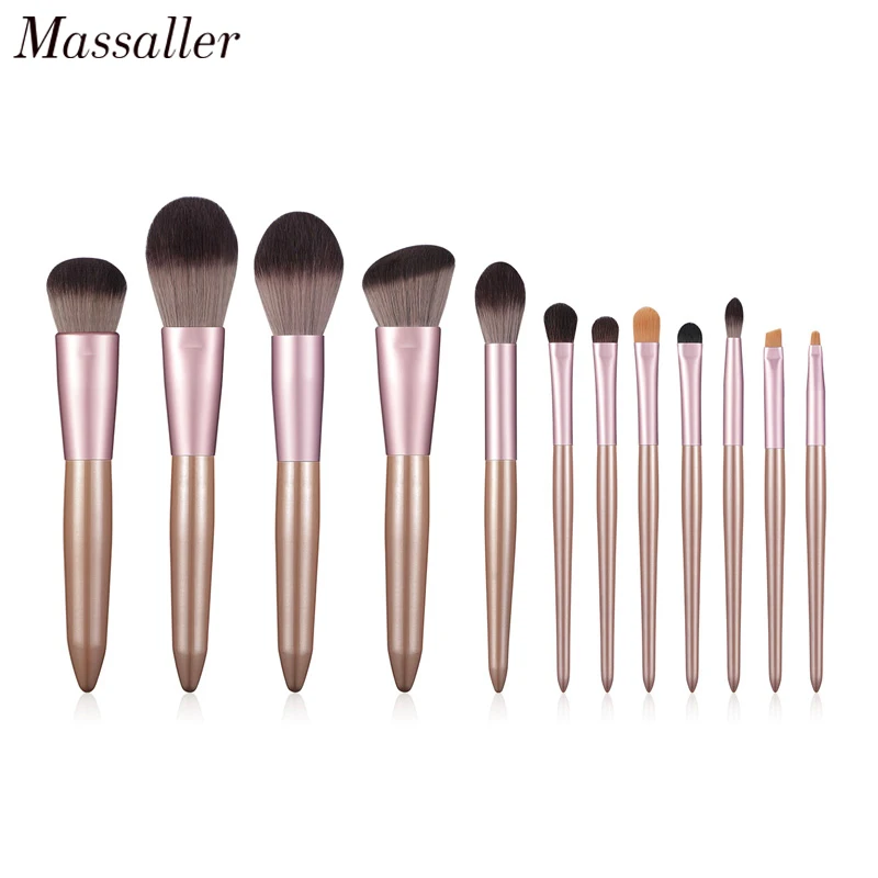 Massaller 12pcs Super Soft Synthetic Hair Makeup Brush Set Wood Handle Highlighter Powder Eyebrow Lip Blending 1