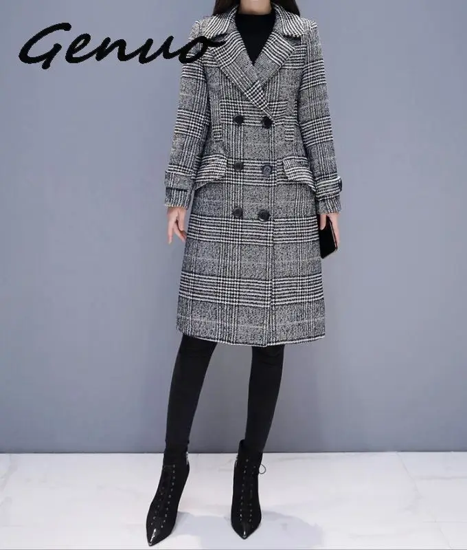 Genuo Новинка, зимнее женское Шерстяное клетчатое пальто-Тренч, элегантная верхняя одежда, повседневный свободный толстый кардиган, женское кашемировое пальто