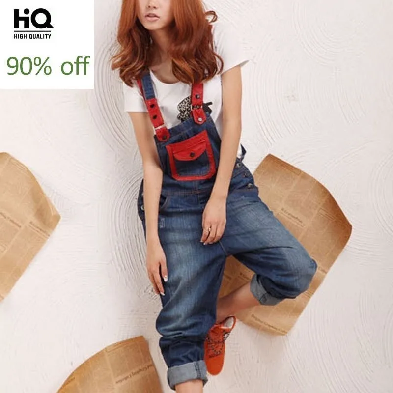 

2020 New Fashion Lovers Denim Jumpsuits Loose Fit Jeans Blue Overalls Casual Female Long Pants Trousers Red Pockets Playsuits