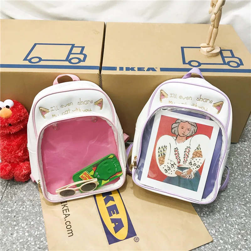 

New Japanese anime SchoolBag cute cat ear shoulder transparent ita bag student bag 20cm doll Pu for Teenager girls Designer