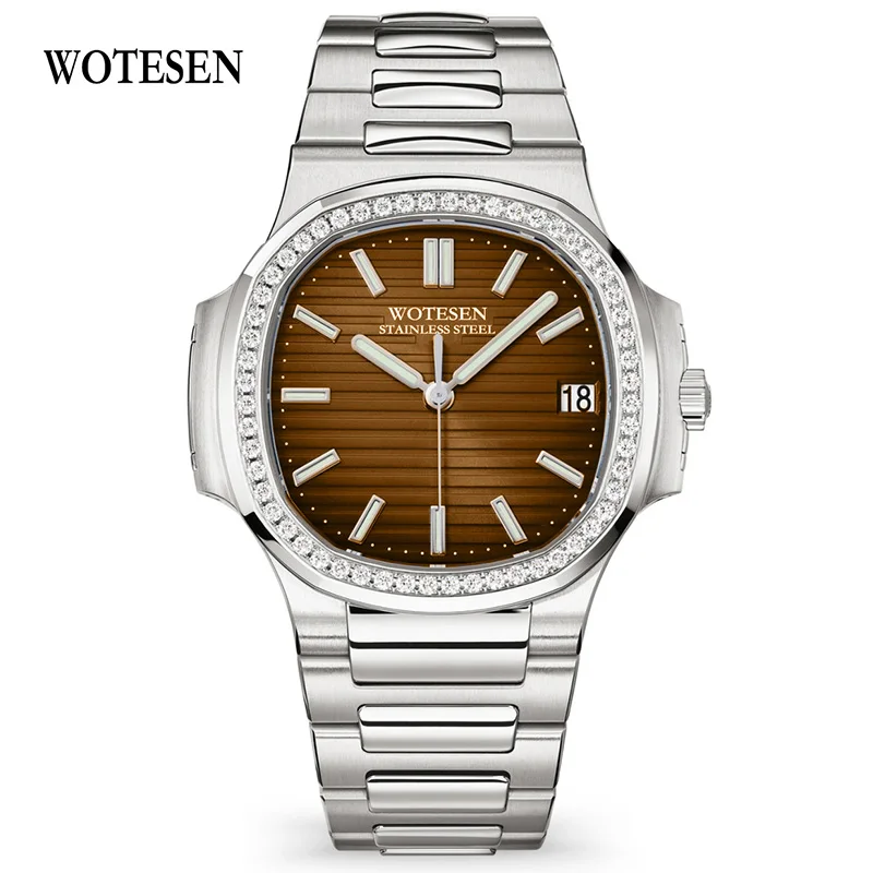 Silver Brown WOTESEN, модные мужские часы с бриллиантами, Топ бренд, Роскошные Кварцевые часы для мужчин, стальные армейские военные мужские деловые часы, водонепроницаемые - Цвет: Silver Brown