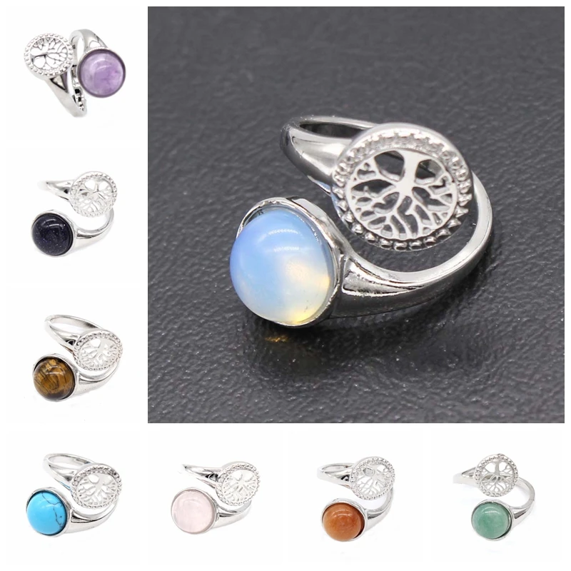 Women Ring Natural Stone Pink Quartz Purple Crystal Opening Rings Life Tree Women Men Opal Bead Adjustable Party Fashion Jewelry