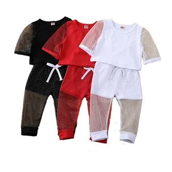 

2020 Fashion Toddler Baby Girl Kid Clothes Sets 1-5Y Lace Shining Short Sleeve Tops Pants Sets Formal Party Clothes