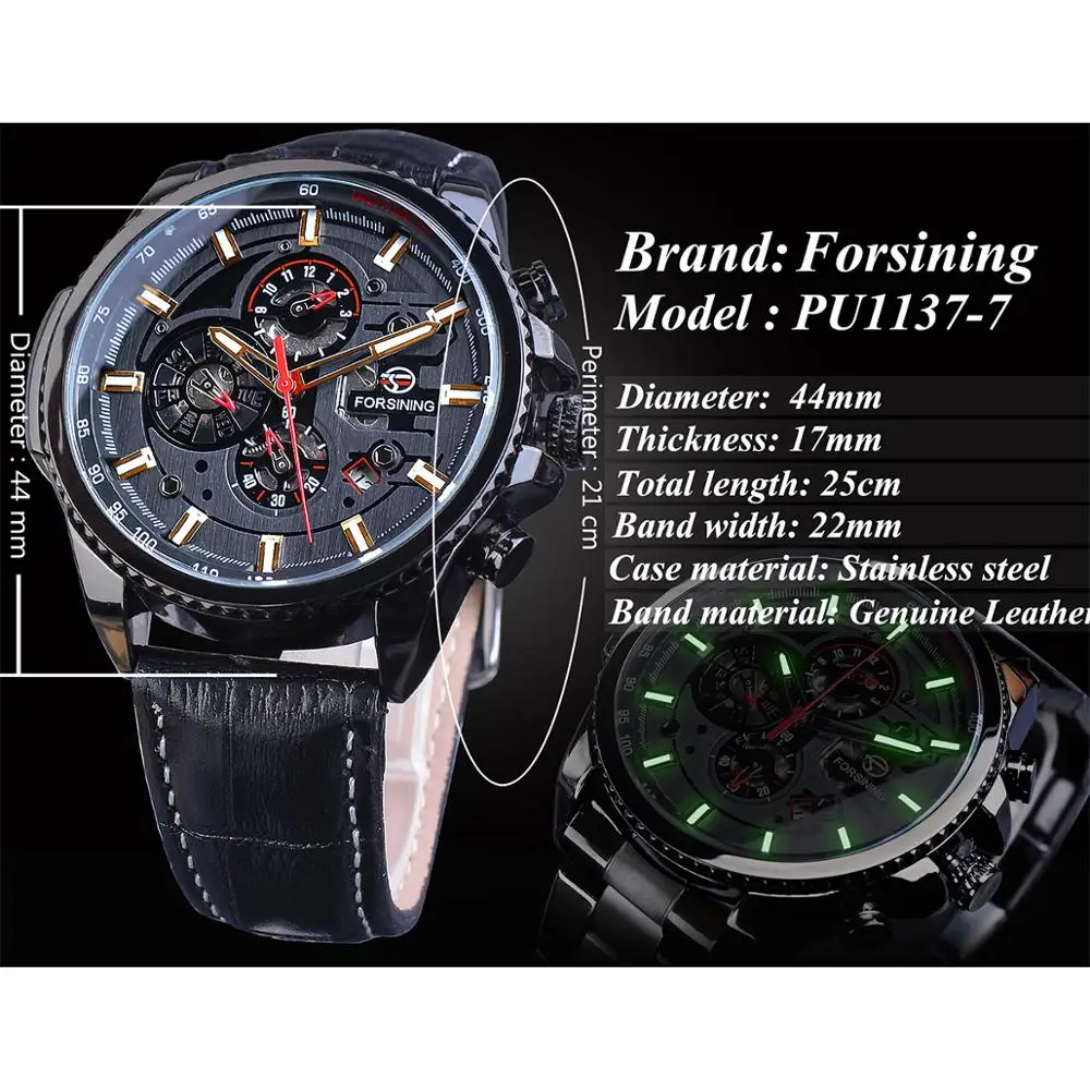 Forsining 2019 Design Black Leather Calendar Display Mechanical Military Sport Automatic Wrist Watch Top Brand Luxury Male Clock