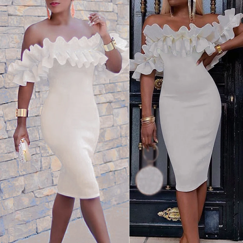 

Women's Dress Elegant White Solid Color Party Off Shoulder Sexy Slim Fit Dresses Fashion Formal Dress