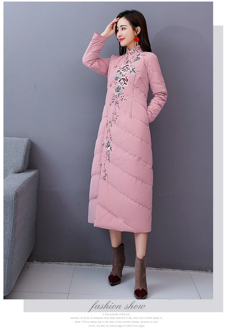 National Wind Cotton Coat Winter New Style Opportunity Embroidered Retro Frog Stand Collar Long over-the-Knee Cotton-padded