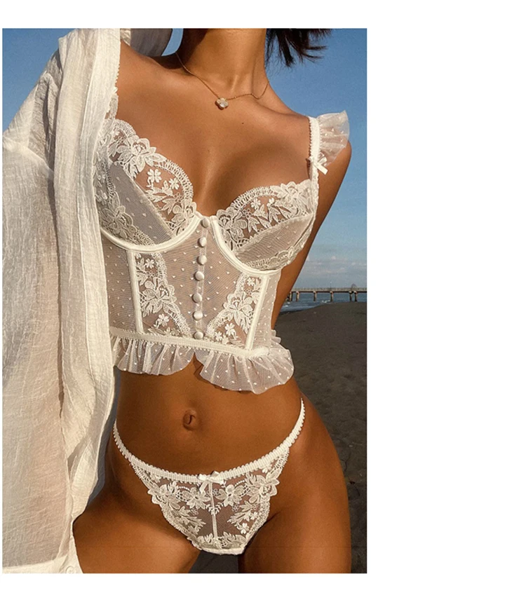 bra panty sets CINOON French Lingerie Sexy Women's Underwear Set Push Up Brassiere Lace Transparent Bra Panty Sets Wedding White Thin Underwear bralette sets