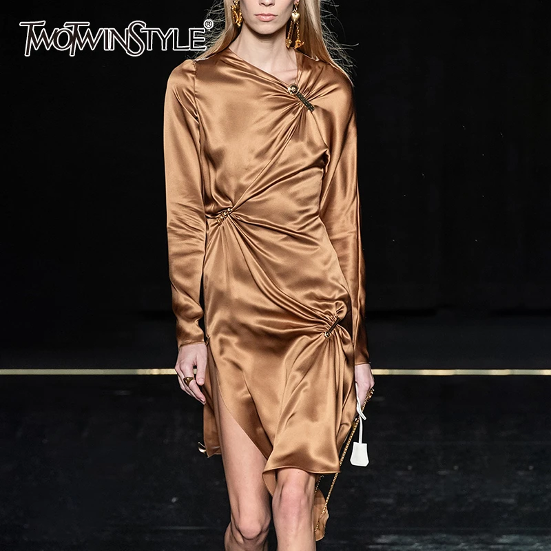 

TWOTWINSTYLE Vintage Irregular Side Split Dress Women Asymmetrical Collar Long Sleeve High Waist Dresses Female Fashion 2020 New