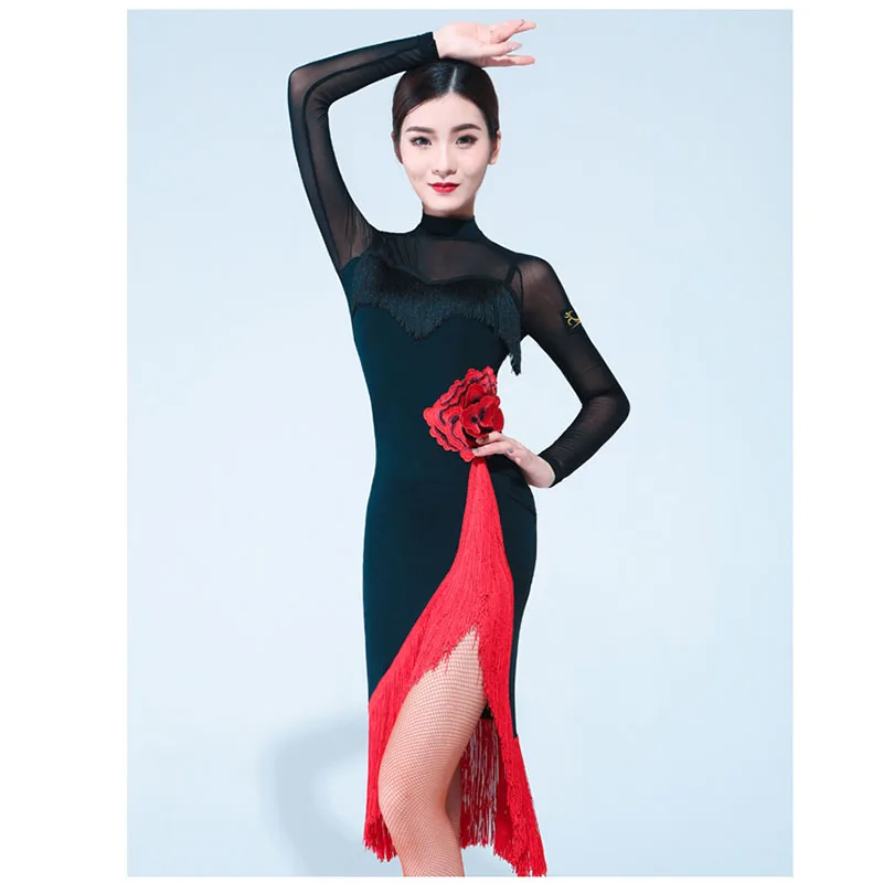 Latin Dance Dress Women Ballroom Dance Dress Sleeves Tango Rumba Flamenco Black Women dance dress