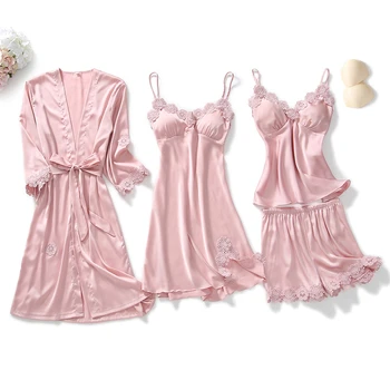 

Home service kimono robe ladies pajamas Korean version of the flower side sexy nightdress V-neck robe пижама комплект 4 PC