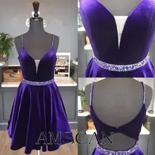Принцесса бисером кристаллы Фиолетовый бархат короткие выпускные платья Спагетти ремни коктейльные платья без спинки Homecoming недорогое платье для выпускного Vestido de fiesta