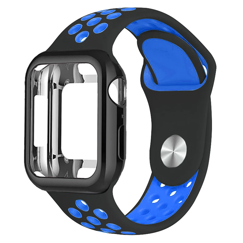 Силиконовый спортивный ремешок для часов+ чехол относится к apple watch 5 4 3 2 1 серии 38 мм/42 мм, ремешок для наручных часов iwatch, 40 мм 44 браслет наручные аксессуары - Цвет ремешка: Black with blue
