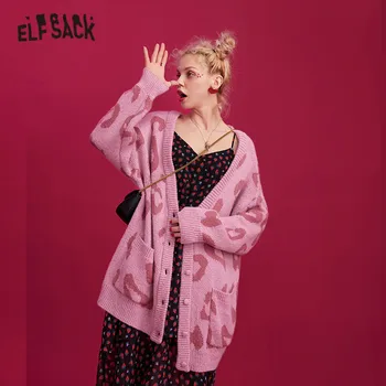 

ELFSACK Pink Leopard Lazy Casual Knitted Cardigans Sweater Women 2019 Winter New Korean Pocket Single Breasted Female Daily Top