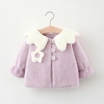 

Winter Baby Girls Long Sleeve Flower Lapel Collar Thick Fleece Princess Party Cardigans Jackets Kids Outerwear Coats Casaco