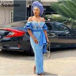 Sumnus Blue Aso Ebi Mermaid Evening Dresses Off The Shoulder Puff Short Sleeve Peplum Lace African Women Prom Dress Plus Size
