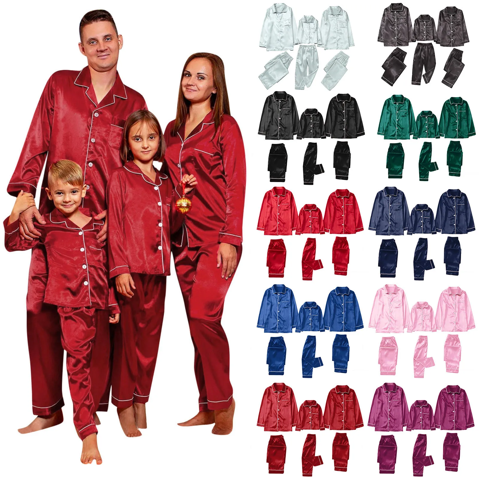 thumbnail image 2 of Pijamas de satén PJ's 2 piezas conjuntos de ropa familiar sólida de invierno conjunto de pantalones de dormir de manga larga para bebés, niños, niñas, mujeres y hombres navidad, 2 of 5