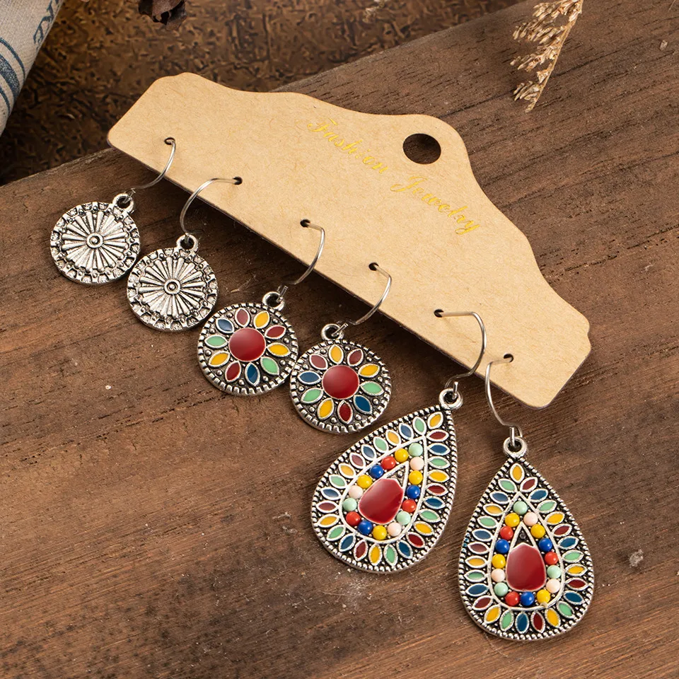 E022185 Несколько 3 пар Комплект сережек для женщин Boho винтажный богемский этнический мотаться ручной работы серьги-подвески ювелирные изделия подарок - Окраска металла: E022185
