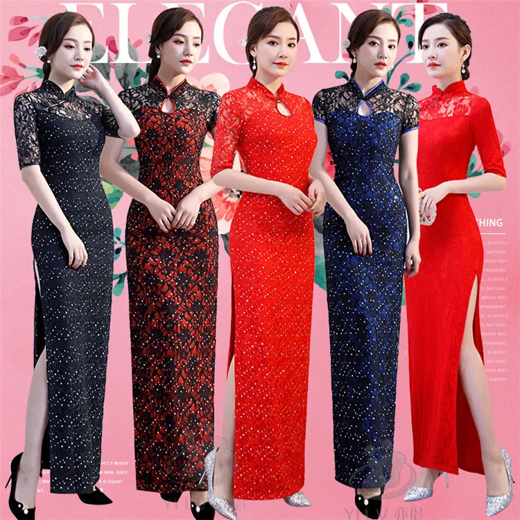 Элегантное женское тонкое платье Cheongsam с блестками, сексуальное вечернее платье, винтажное кружевное платье для сцены, китайский стиль, банкетное платье Qipao 3XL