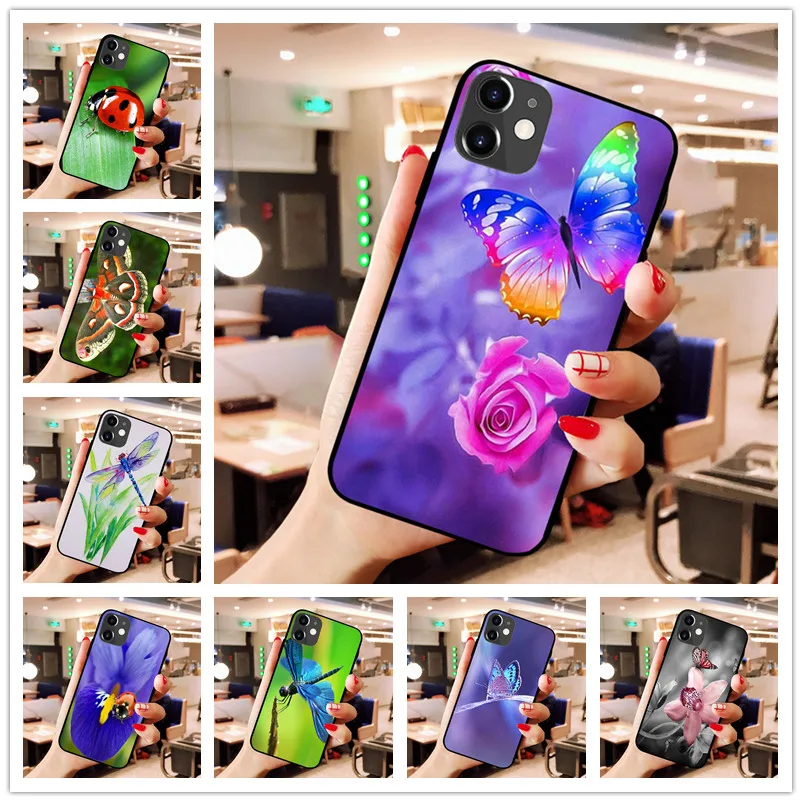 Бабочки цветы насекомые черный мягкий чехол для телефона IPhone 11 Pro XS MAX 8 7 6 6S Plus X 5 5S