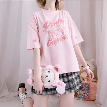 

Pink Sweet Young Girl Kawaii Gemini Cupid T-shirt Preppy style Korean Lolita Loose Casual Short Sleeve Tee Tops Pullover Summer