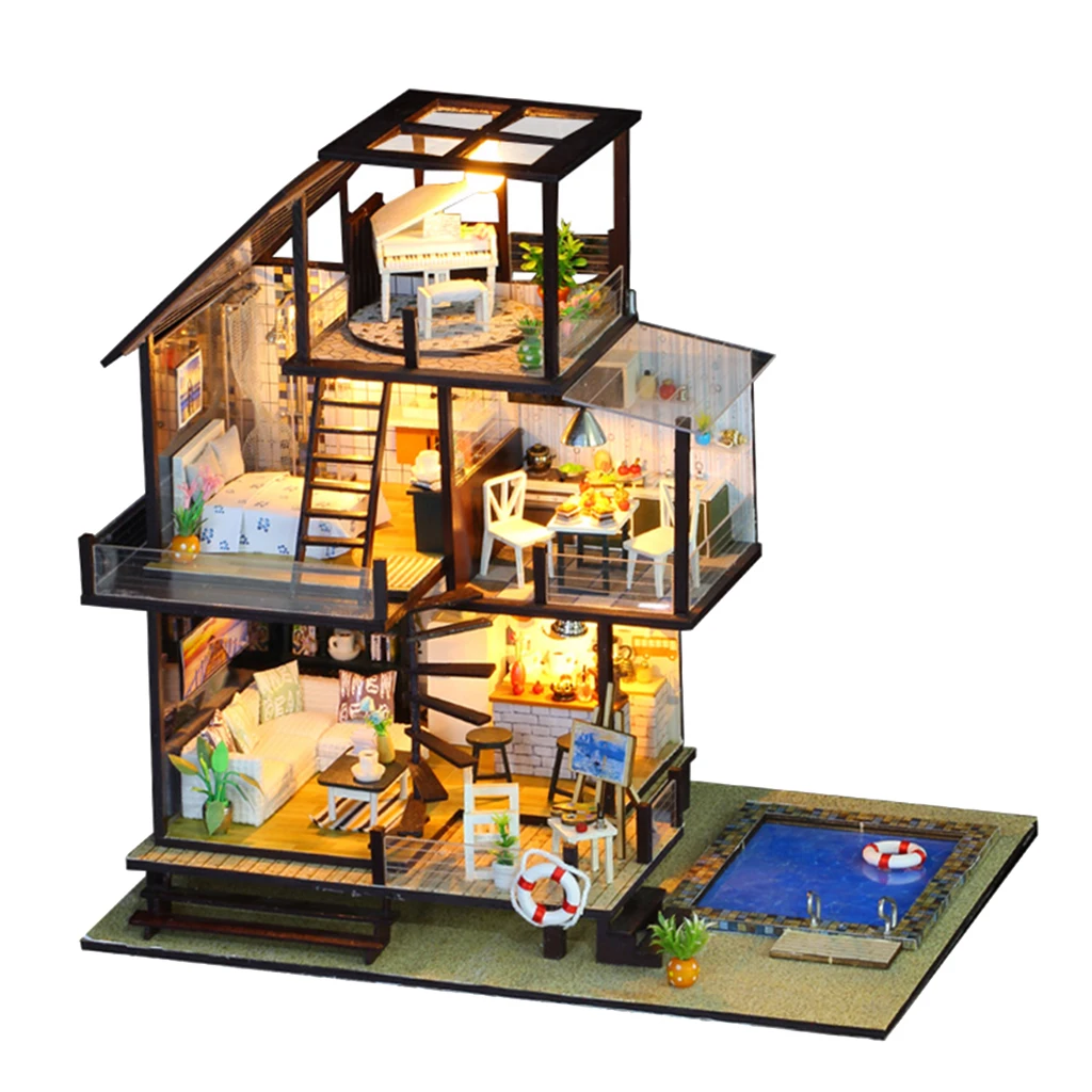 DIY Dollhouse Kit with Dust Proof Cover Wooden DIY Miniature Dollhouse Kit Toy Gift