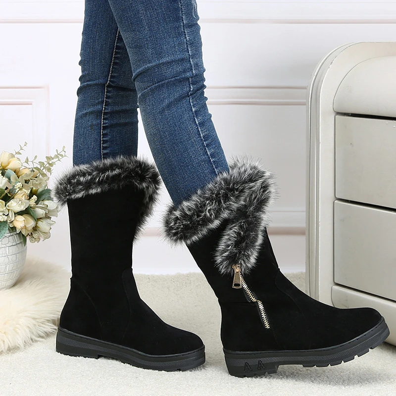 Novedad de 2019! Botas de nieve botas antideslizantes de felpa de color liso sencillas y a la moda con decoración de cremallera, cálidas y cómodas.|Botas de nieve| -