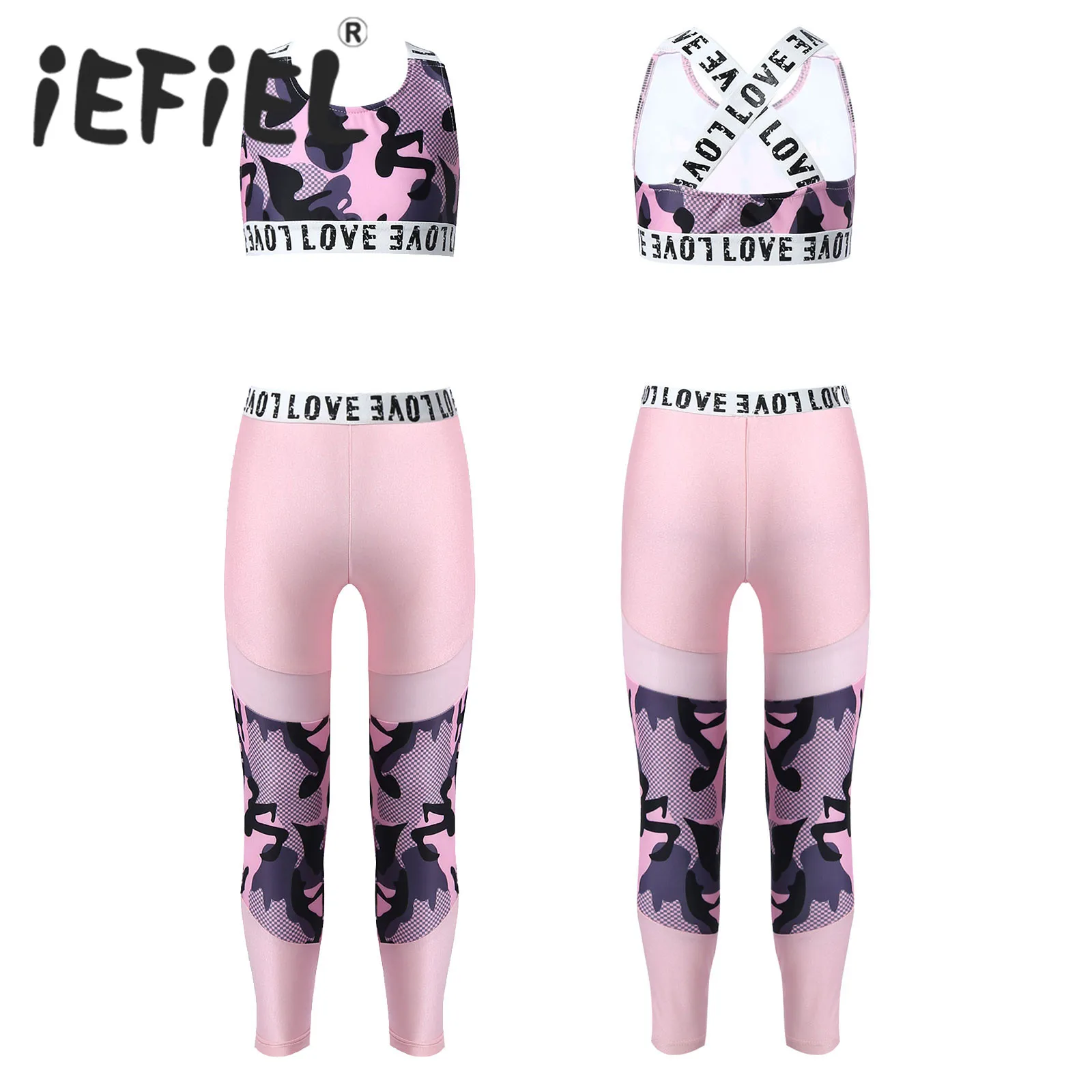 

Kids Girls Ballet Dancewear Workout Gymnastics Outfits U Neck Sport Bra Top Mesh Patchwork Pant Leggings Set Dance Outfits