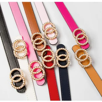 

Double Ring Circle Buckle Pearl Belts Luxury Brand Women Leather Belt Girls 105cm Jeans Pants Dresses Waist Belts ceinture femme