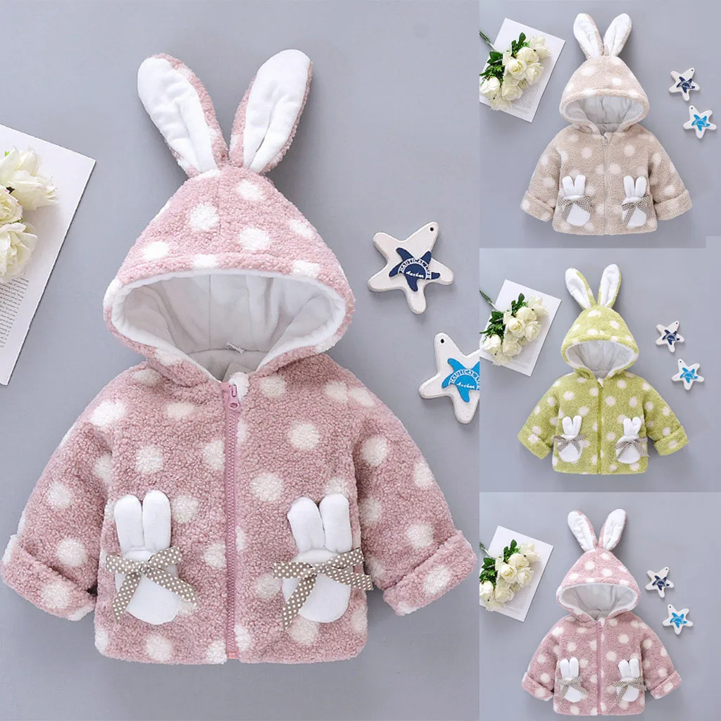 Baby Children Girl Winter Warm Loose Coat Zipper Bow Little Rabbit Pocket Rabbit Ear Hodded Dot Pattern Jacket Parkas Outwear#g4