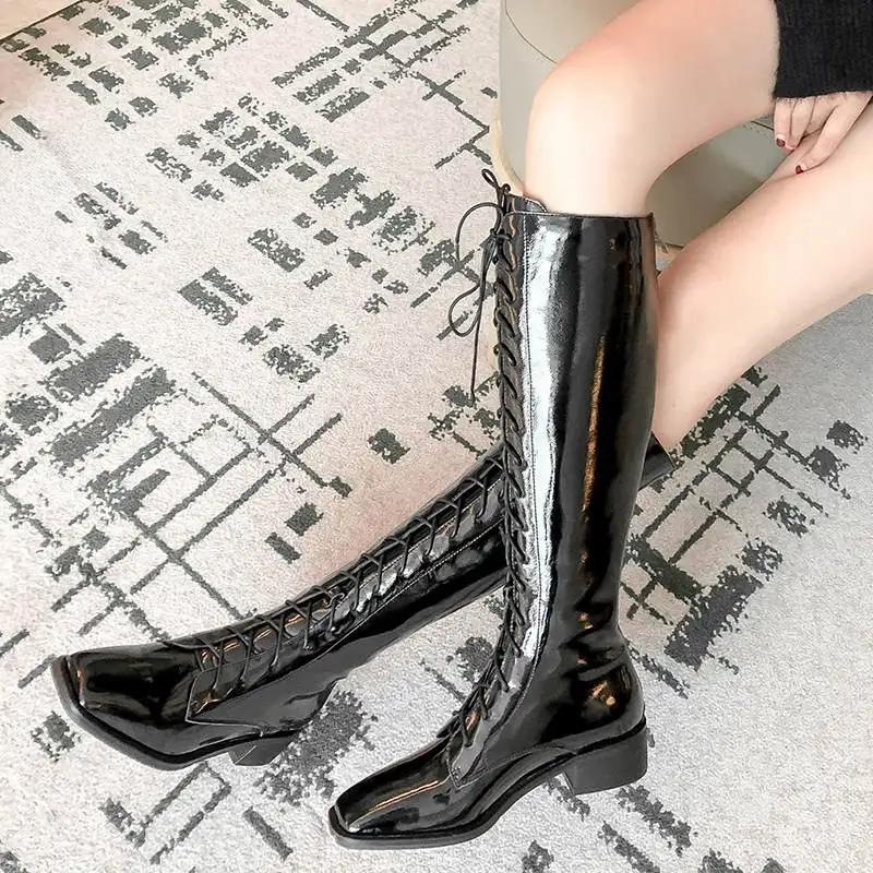 Krazing pot genuine leather square toe med heels women knee-high boots elegant lace up fashion office lady warm winter shoes L38