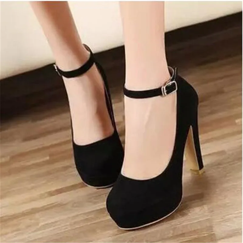 High Heels Chunky Shoes Woman Buckle Strap Platform Pumps Round Toe Shallow Chaussure Mujer Work Black Red |
