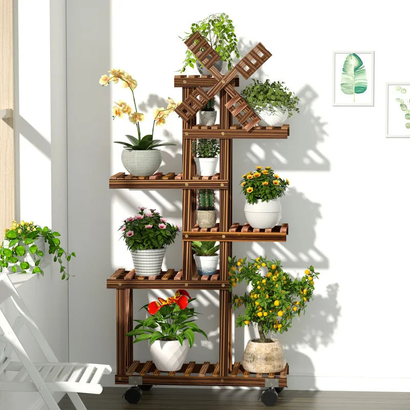 Avec outils de jardin Support moderne pour pot de fleurs pour l'intérieur et l'extérieur Support pour plantes rétro Mid Century Wood 