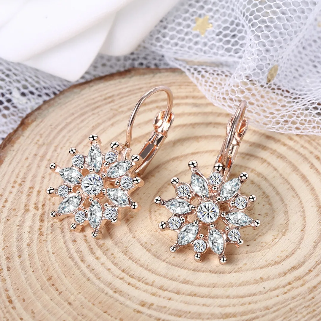 Fashion Princess Luxury Crystal Snow Flower Silver Gold Plated Hoop Earring for Women CZ Bridal Wedding Earring Jewelry Gift