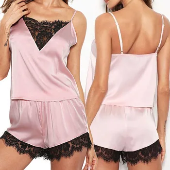 

Pink Women's Lace Satin Sleepwear Cami Top and Shorts Sexy Pajama Set