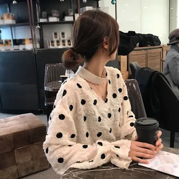 

Blouse Women Sexy Transparent White Shirt Tops Petal Long Sleeve blusas Top Polka Dot Deep V-neck Lace Up Blouses