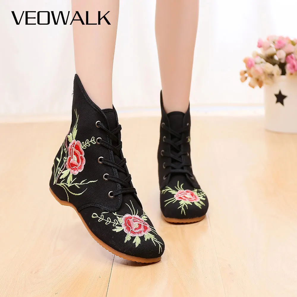 Женские холщовые ботинки Veowalk с цветочной вышивкой винтажные удобные осенние на