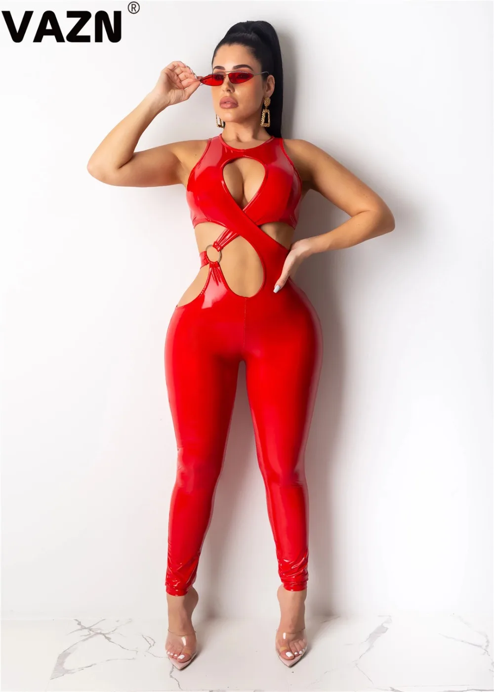 VAZN OSM4546 Top Leather Jumpsuits Hollow Out Unusual Sexy Club Fashion Sleeveless Solid Skinny Women Long Pencil Rompers