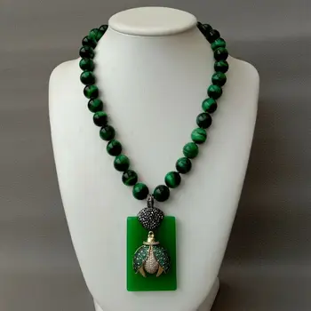 

12mm Green Tiger Eye Necklace Rectangle Green J1ade Cz insect Pendant 18"